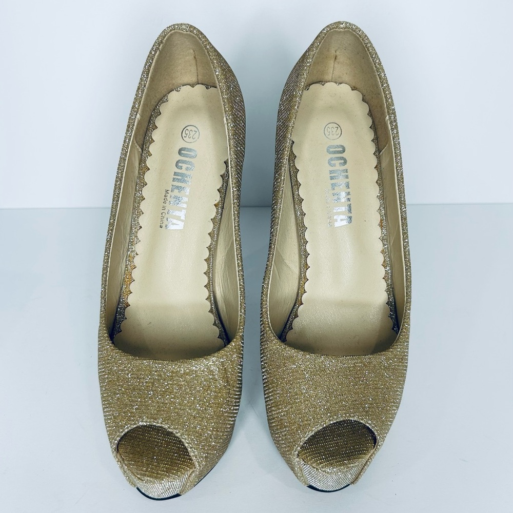 Elegant Gold Peep-Toe High Heels Platform Size 6.5 - Picture 8 of 8
